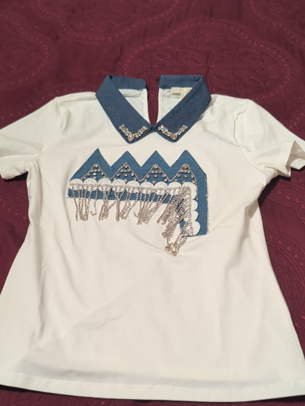 White T-Shirt with Denim Collar and Beaded Fringe Detail